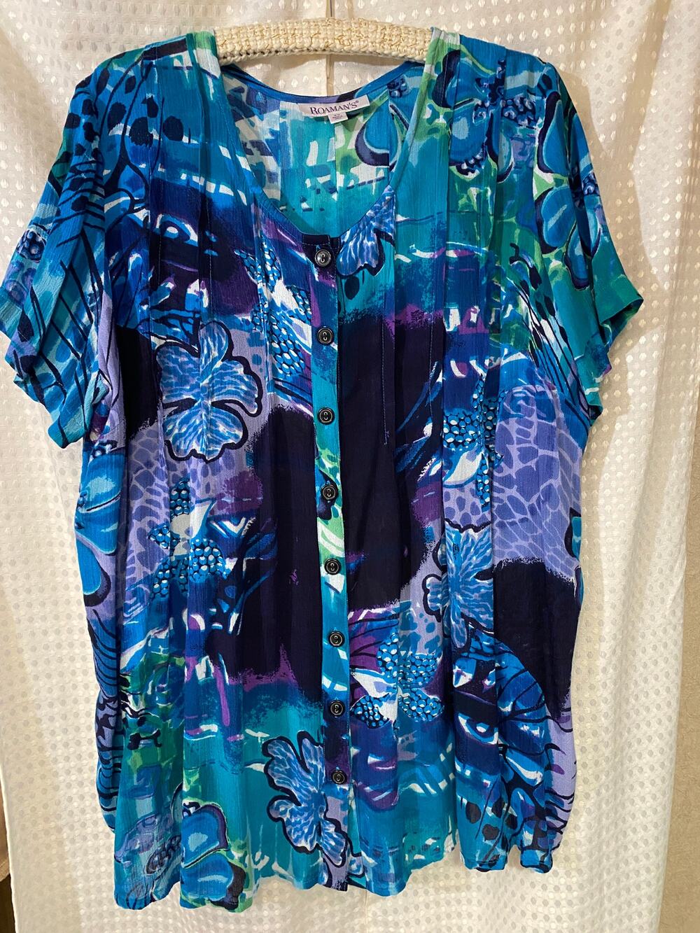 Roaman's Teal  Purple Floral Button Front Blouse Tunic Size 18W